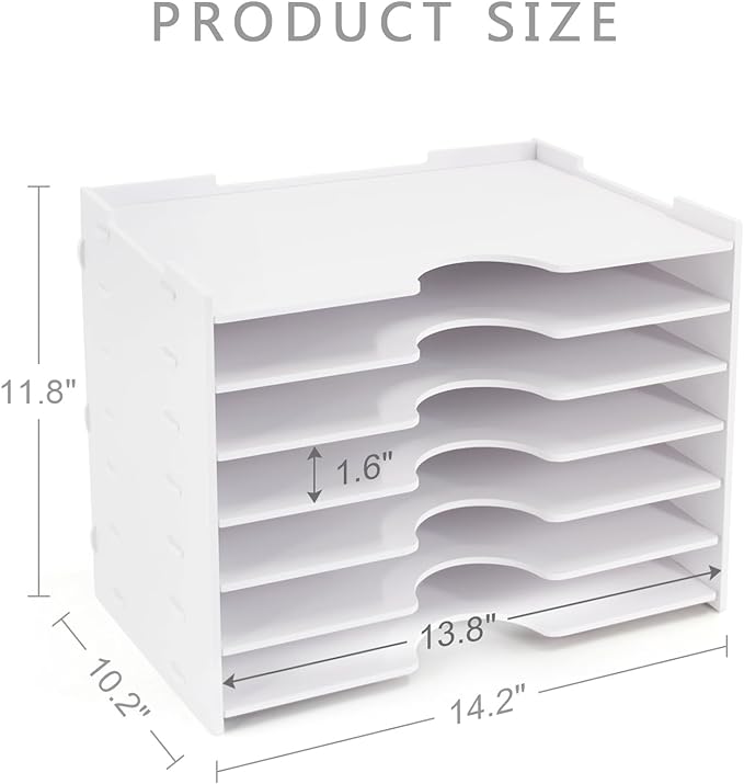 SONGWAY File Organizer for Desk - 7 Tier Wide Document Holder, Letter Mail Tray Storage Rack, A4 Paper Storage Holder, Desktop Organizer for Home Office School, White
