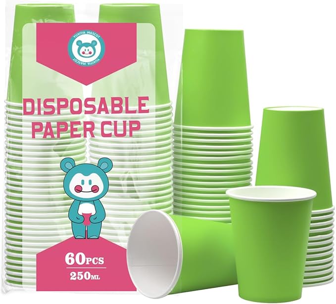Disposable Paper Cups,60pcs Paper Cups For DIY Wedding Party Picnic BBQ Travel and Event 8OZ (Grass green)