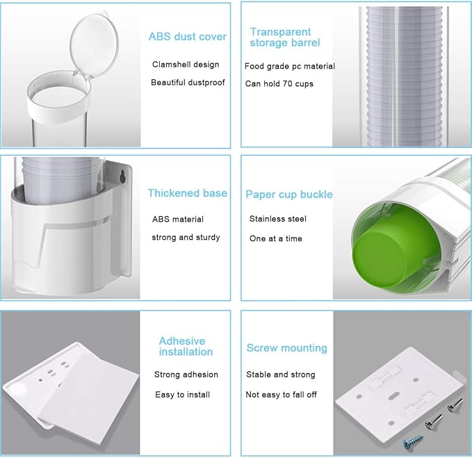 Cup Dispenser Wall Mounted Plastic Water Dispenser Disposable Cup Holder Rack, Paste or Screw Plate Mountable for Paper Cups Halloween Party Supplies(L, Black)