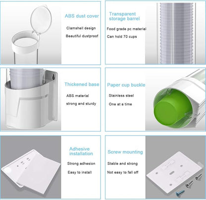 Cup Dispenser Wall Mounted Plastic Water Dispenser Disposable Cup Holder Rack, Paste or Screw Plate Mountable for Paper Cups Halloween Party Supplies(L, Black)