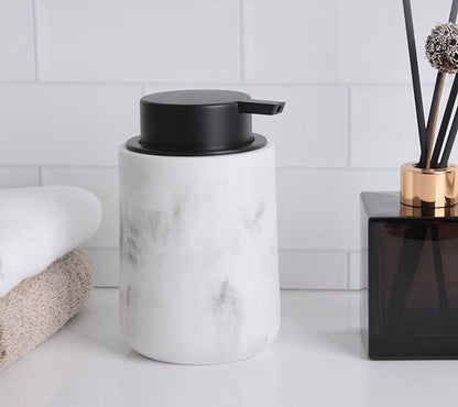 Resin Hand Soap Dispenser Easy-to-Press Liquid Pump, Refillable Soap Dispenser with White Marble Look, Waterproof Bottle Labels for Bathroom Kitchen Dish Lotion (White, 10 oz)