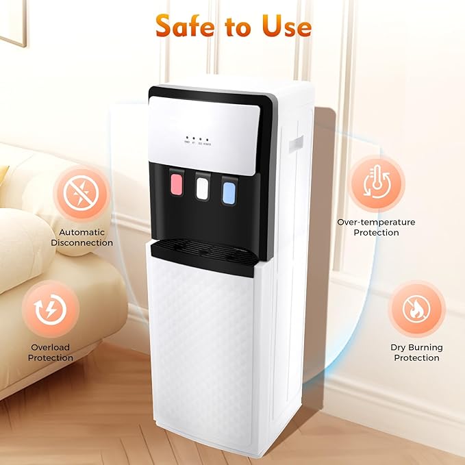 Bottom Loading Water Dispenser, 110V Hot & Cold Water Cooler Dispenser Standing Hot & Cold Water Dispenser with 3 Temperature Settings for Home, Kitchen, Office (White)