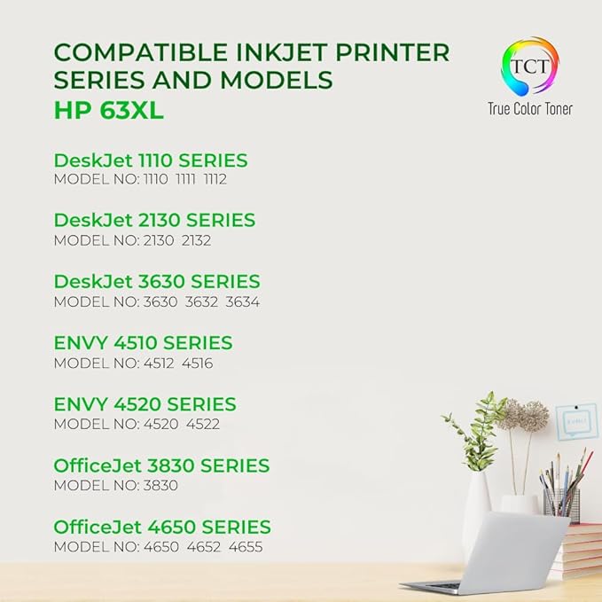 TCT 63XL Ink Cartridge 4 Pack - Compatible Replacement for HP 63XL 63 XL Works with HP Deskjet 1112 Envy 4520 Officejet 3830 Printers (2 Black F6U64AN 2 Tri-Color F6U63AN)