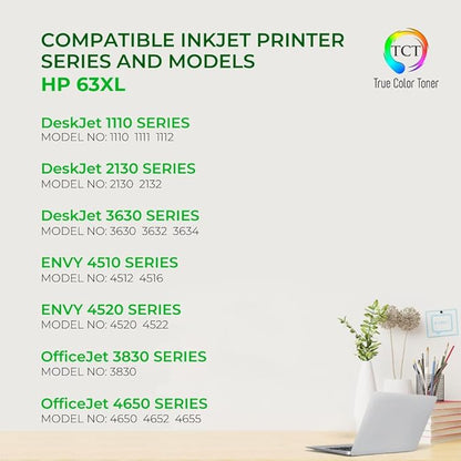 TCT 63XL Ink Cartridge 4 Pack - Compatible Replacement for HP 63XL 63 XL Works with HP Deskjet 1112 Envy 4520 Officejet 3830 Printers (2 Black F6U64AN 2 Tri-Color F6U63AN)