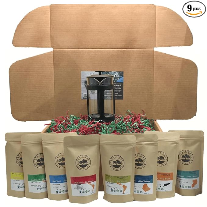 Coffee Gift Box Set 8 Assorted Coffees 2oz plus1 French Press Glass Coffee Maker. Amazing coffees from all over the world.