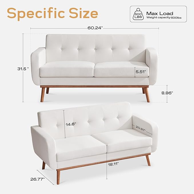HUIMO Living Room Set, Button Tufted Living Room Furniture Sets, Upholstered Modern Couch Set with Solid Frame, Deep Seat Sofa Set for Living Room, Office (White, 2 Piece Set-loveseat+Chair)