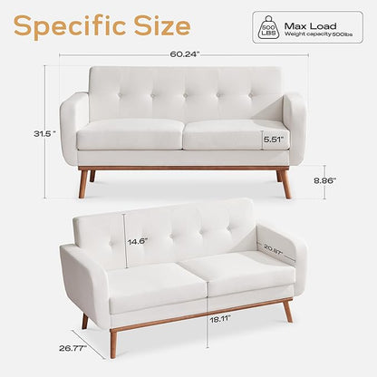 HUIMO Living Room Set, Button Tufted Living Room Furniture Sets, Upholstered Modern Couch Set with Solid Frame, Deep Seat Sofa Set for Living Room, Office (White, 2 Piece Set-loveseat+Chair)