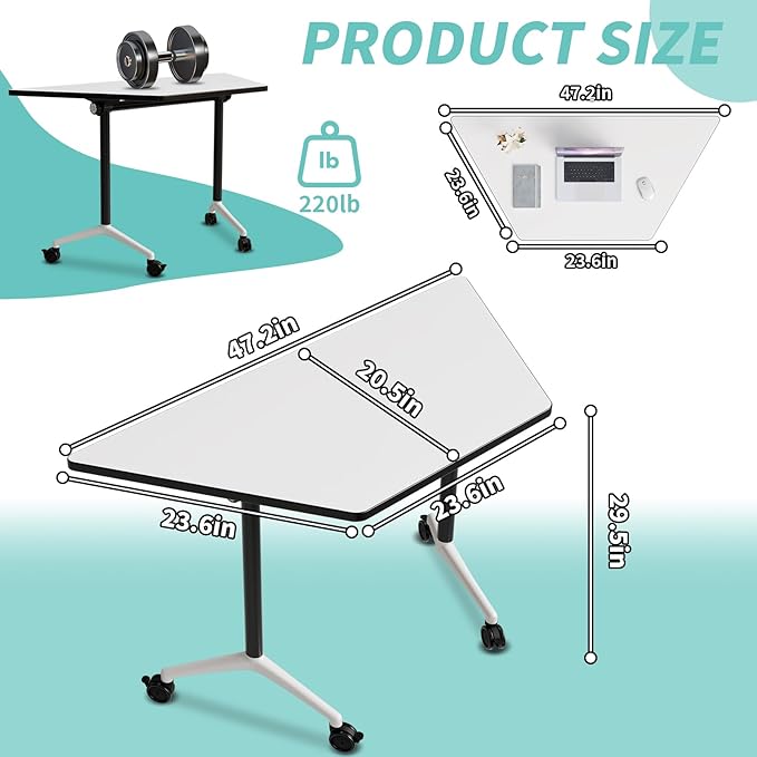 Conference Table, Foldable Conference Room Tables with Silent Wheels, Folding Modular Seminar Meeting Tables, Modern Rectangle Training Table for Office, Boardroom (6, Trapezoidal, 47.2)