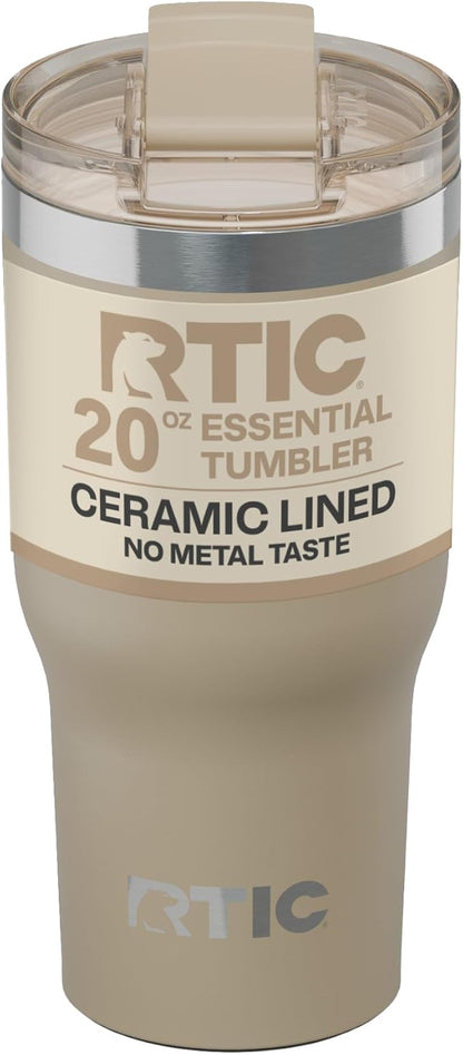 RTIC 20oz Essential Tumbler with Lid, Ceramic Lined, Insulated, Stainless Steel, Metal, Double Wall Vacuum-Insulation, Travel Cup for Iced Coffee, Tea, Hot and Cold Drink, Beach