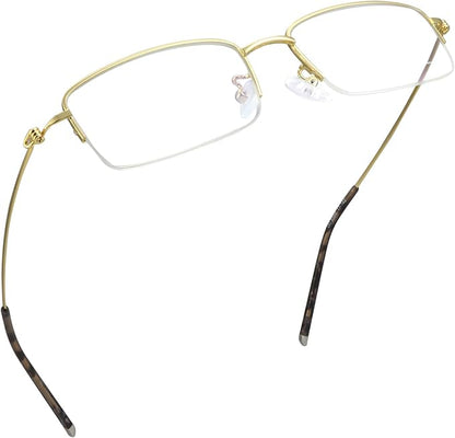 LifeArt Alloy Semi-Rimless Reading Glasses,Blue Light Blocking Glasses, Anti Eyestrain, Computer Gaming Glasses, TV Glasses for Women Men, Anti Glare (Golden, +1.00 Magnification)