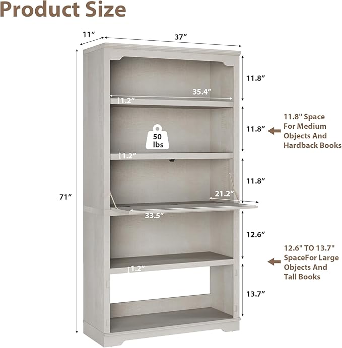 HIFYOBRO 5 Tier Bookcase Wooden 71" Tall Bookshelf with Flip-Down Door on 3rd Book Shelf, 37 in Wide Freestanding Bookshelves for Home, Office, Library (White)