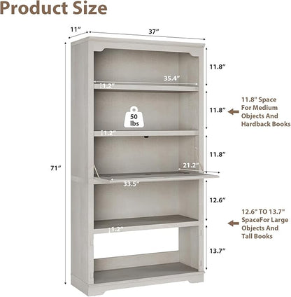 HIFYOBRO 5 Tier Bookcase Wooden 71" Tall Bookshelf with Flip-Down Door on 3rd Book Shelf, 37 in Wide Freestanding Bookshelves for Home, Office, Library (White)