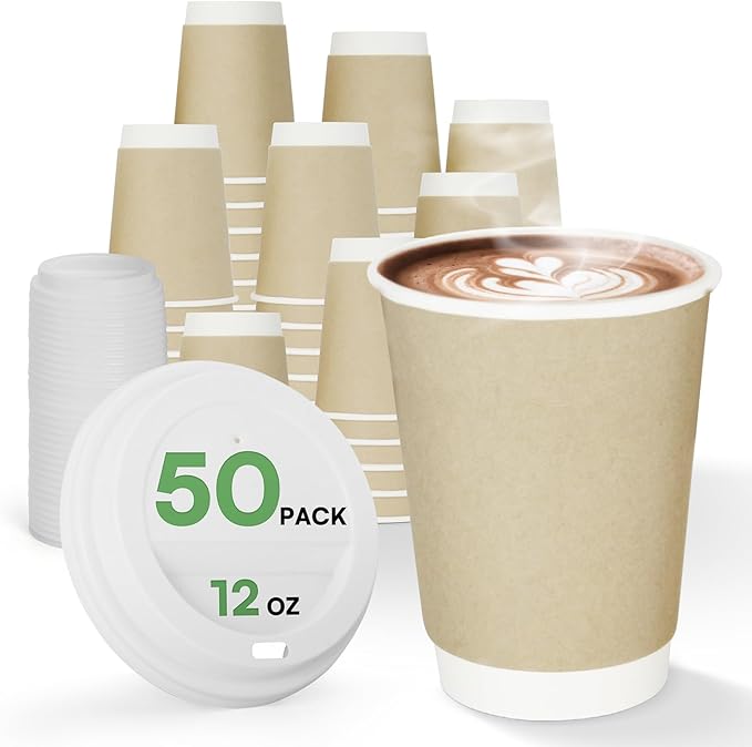 Paper Coffee Cups with Lids 12 oz Compostable Hot Cups,50 Pack Insulated Paper Cups with Lids, BPI Certified Natural Kraft To Go Coffee Cups Disposable for Office Coffee Bar Supplies Togo Travel Home