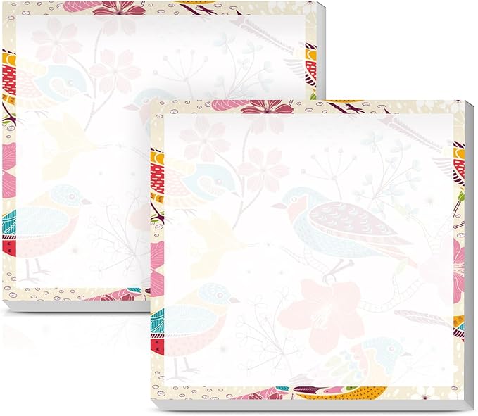 Sticky Notes 3x3 Inches, 2 Pack Cute Colorful Bright Self-Stick Note Pads, Easy to Post for Home, Office, Notebook, Meeting Boho Colorful Bird