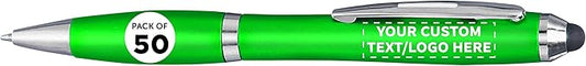 DISCOUNT PROMOS Custom Plastic Stylus Pens Set of 50, Personalized Bulk Pack - Black Ink, Great for Office, School, Business, Tradeshows, Events - Green