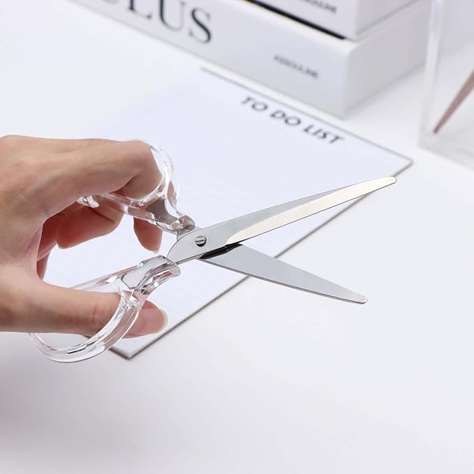 6 Inch Office Scissors Clear Acrylic Handles Silver Craft Scissor Semi-Circular Grip Fabric Shears Stainless Steel Sharp Blades Round Tips for Paper Thread (Silver)