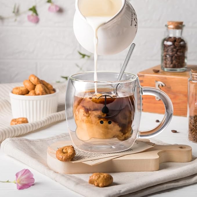 ecooe Cute Bear Mug Glass Coffee Cup 9.4oz Double Walled Glass Mug Cappuccino Latte Glass Cup with Handle Spoon, Milk Tea Bear Cup Birthday Christmas Valentine's Day Gifts for Women Kids Girls Friends