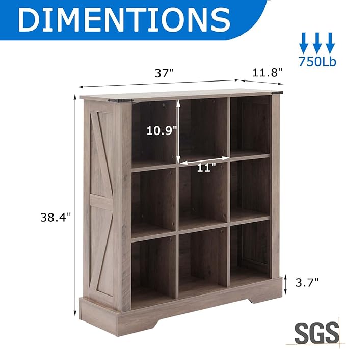 9 Cube Storage Organizer with LED Lights, Wooden Bookcase with Storage, Modern Cube Shelf for Living Room, Bedroom, Home Office - Grey