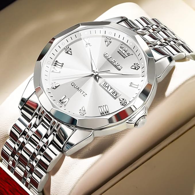OLEVS Watches for Men Diamond Business Dress Analog Quartz Stainless Steel Date Luxury Casual Fashion Wrist Watch Waterproof Luminous