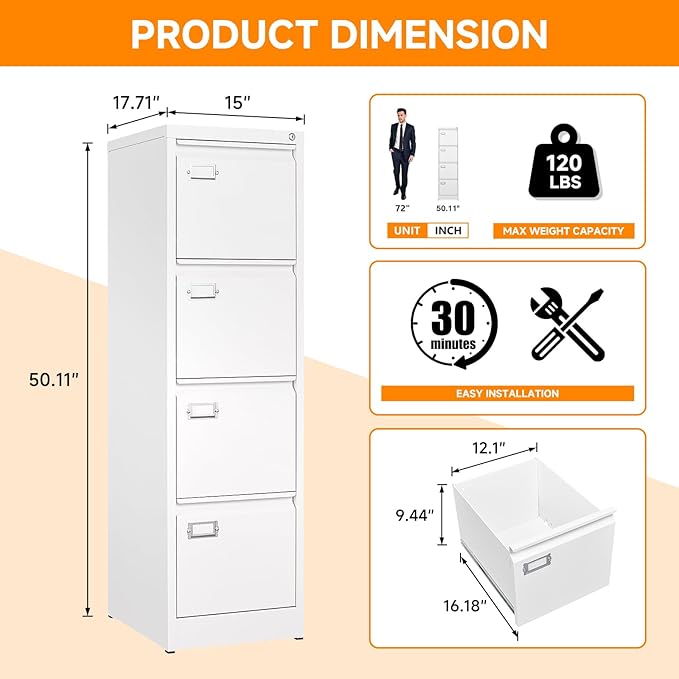4 Drawer File Cabinet with Lock Metal Filling Cabinet Vertical Locking File Cabinets for Home Office to Hanging F4/A4 SizeA4 Legal/Letter Size, Assembly Required,White
