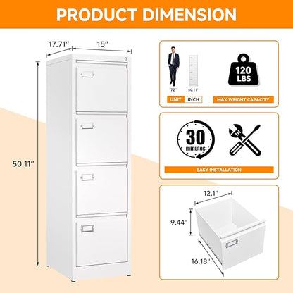 4 Drawer File Cabinet with Lock Metal Filling Cabinet Vertical Locking File Cabinets for Home Office to Hanging F4/A4 SizeA4 Legal/Letter Size, Assembly Required,White