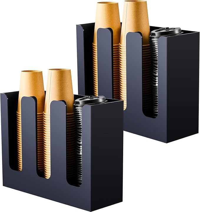 Mumufy 2 Pack 3 Compartments Acrylic Cup Storage Organizer, Disposable Paper Cup Dispenser, Coffee Lid Sleeve Holder for Countertop Restaurant Breakroom Coffee Station Bar Shop Party Supplies