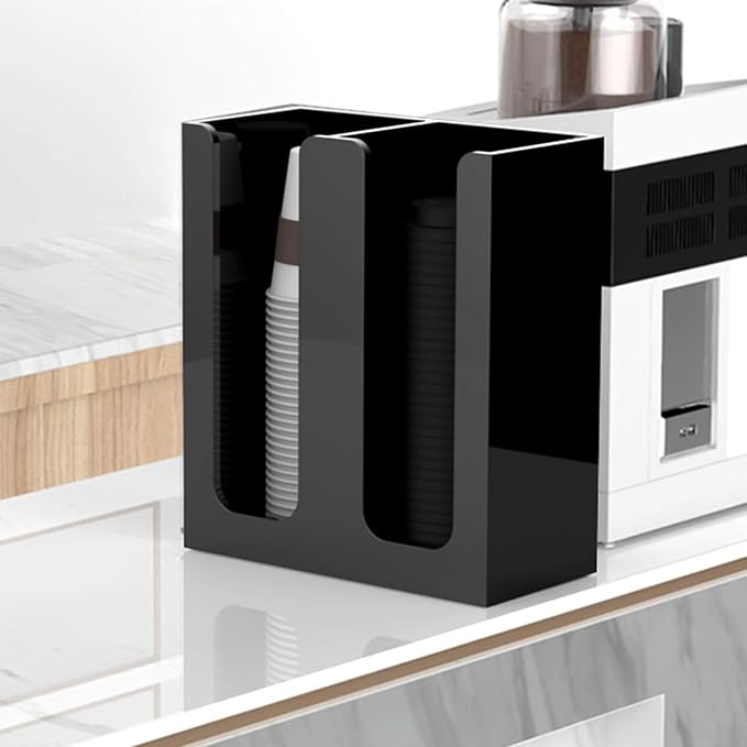 Richboom Acrylic Coffee Cup and Lid Storage Organizer Holder, 2 Compartments, Black