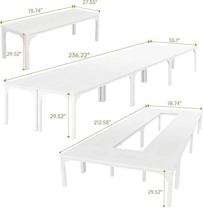 19FT Conference Table, Super Sturdy Large Rectangle Meeting Seminar Table, Office Desk for Meeting Room Study Writing Printer Table, Long Business Tables for 16-22 Person, 6 Pcs White