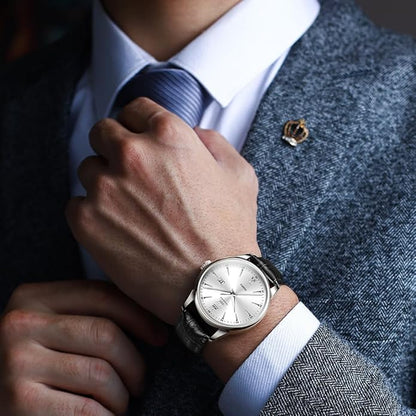 OLEVS Mens Watches Vintage Leather Band Dress Classic Easy Reader Arabic Numerals Analog Quartz Waterproof Date and Day Blue/Black/White Large Face Men's Wrist Watches