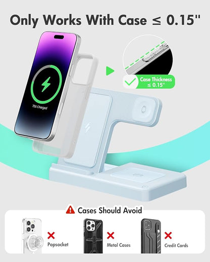 Wireless Charger Stand Charging Station: 3 in 1 Charger Stand Multiple Devices for Apple - iPhone 17 16e 16 15 14 Pro Max 13 12 - Watch 11 10 9 8 7 6 5 4 3 2 SE and Ultra Series-Airpods 4 3 Pro, Blue