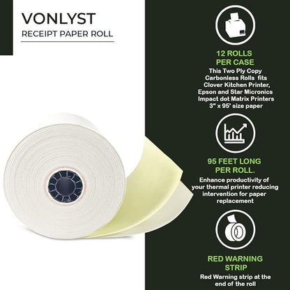 Two Ply Copy Carbonless Rolls 3x95 White/Canary for Clover Kitchen Printer Paper (12 rolls)