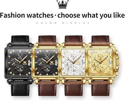 OLEVS Men's Chronograph Leather Watch, Big Face Easy to Read Analog Quartz Dress Watch, Casual Waterproof Luminous Hands Date Watches for Men, White/Blue/Black/Gold Dial