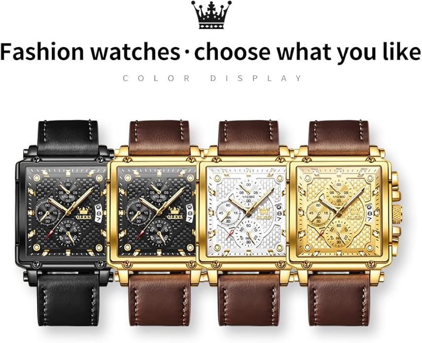 OLEVS Men's Chronograph Leather Watch, Big Face Easy to Read Analog Quartz Dress Watch, Casual Waterproof Luminous Hands Date Watches for Men, White/Blue/Black/Gold Dial