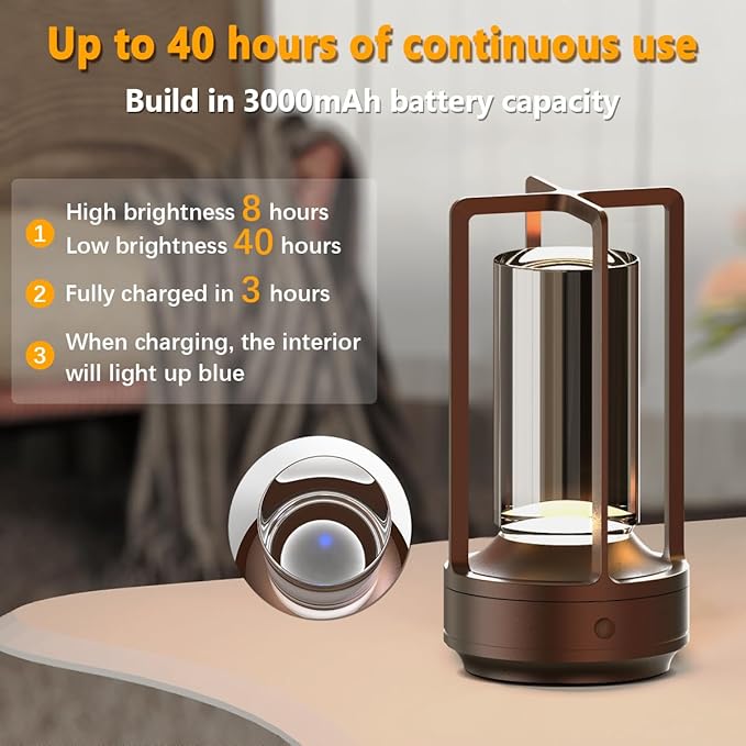 Small Cordless Table Lamps Rechargeable Set of 2 for Indoor/Outdoor, Portable Battery Operated Powered Lamps, Dimmable 3 Color Modes Waterproof, LED Desk Lights for Bedroom/Restaurant/Camping-Brown