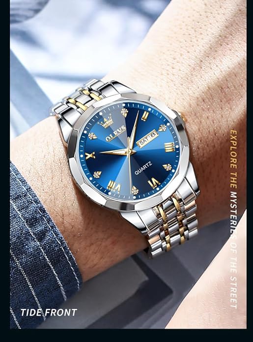 OLEVS Mens Watch Stainless Steel Analog Quartz Watches for Men Day Date Easy Read Diamond Waterproof Dress Luxury Classic Casual Big Face Blue/Black/Gold/Silver Roman Arabic Numerals Men's Wrist Watch