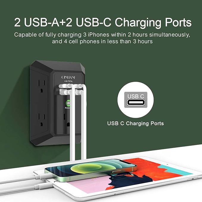 USB Wall Charger, Surge Protector, QINLIANF 5 Outlet Extender with 4 USB Charging Ports(2U2C) 3-Sided 1680J Power Strip Multi Plug Outlets Wall Adapter Spaced for Home Travel Office,Black