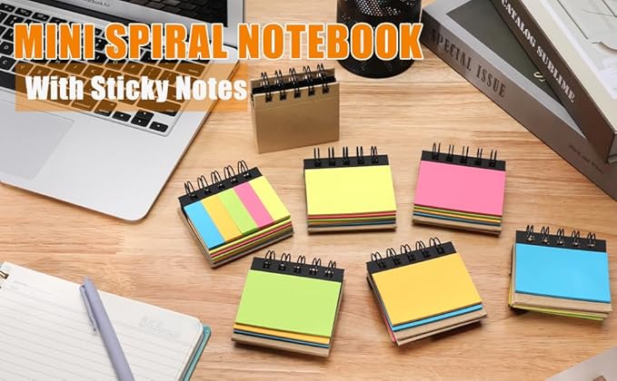 RHAWOM 12 Pads Mini Sticky Note Pads Sets,Hard Cover Cute Spiral Notepad with Variety Size,3 x 3.5 in ，Book Page Tabs Coil Post,Gifts for Work Friends Notebook Bulk 250 Count/Pad