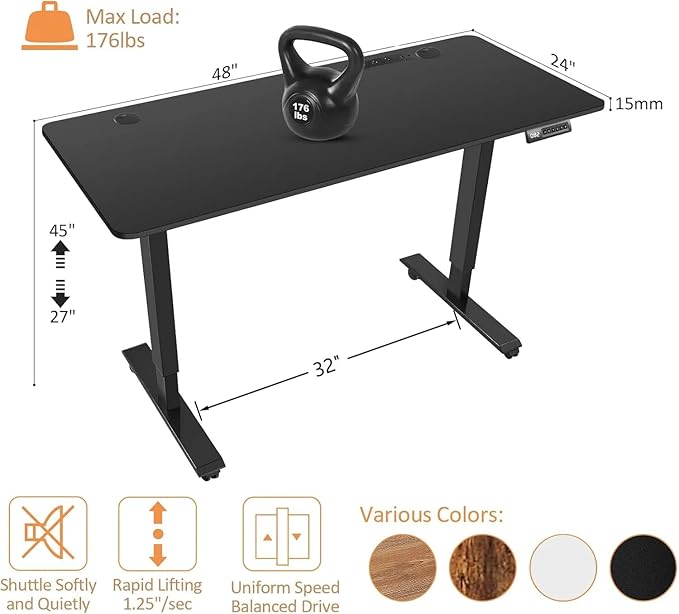 Electric Standing Desk 48 x 24 Inches Adjustable Height Sit Stand Up Desk for Home Office Computer Workstation with 2 USB Ports 3 AC Power Outlets Memory Preset and Wheels, Black