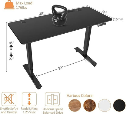 Electric Standing Desk 48 x 24 Inches Adjustable Height Sit Stand Up Desk for Home Office Computer Workstation with 2 USB Ports 3 AC Power Outlets Memory Preset and Wheels, Black