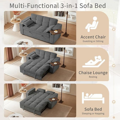 65'' Convertible Sleeper Sofa Bed with Adjustable Backrest, Chaise Lounge, Side Table & USB/Type-C Ports – Stylish & Functional Addition to Any Living Room (Dark Grey Sofa Bed)
