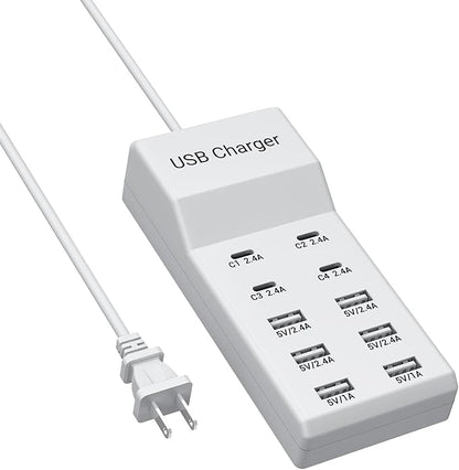 10-Port USB C Charger Block (6 USB-A Port & 4 USB-C Port), 50W10A Multiport Charger Hub for iPhone, Galaxy, iPad & More, 3.3FT