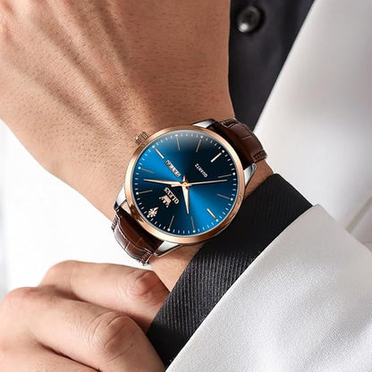 OLEVS Mens Watches Vintage Leather Band Dress Classic Easy Reader Arabic Numerals Analog Quartz Waterproof Date and Day Blue/Black/White Large Face Men's Wrist Watches