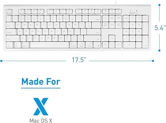 Macally Full-Size USB Wired Keyboard for Mac Mini/Pro, iMac Desktop Computer, MacBook Pro/Air Desktop w/ 16 Compatible Apple Keyboard with Numeric Keypad, Rubber Domed Keycaps - Spill Proof