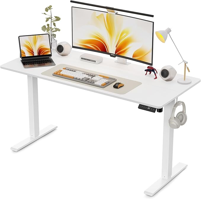 55x24 Inches Height Adjustable Electric Standing Desk with 2 Hooks for Home Office, Ergonomic Sit Stand up Desk with Splice Board, White