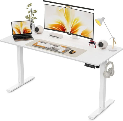 55x24 Inches Height Adjustable Electric Standing Desk with 2 Hooks for Home Office, Ergonomic Sit Stand up Desk with Splice Board, White
