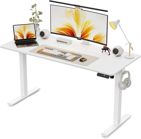 55x24 Inches Height Adjustable Electric Standing Desk with 2 Hooks for Home Office, Ergonomic Sit Stand up Desk with Splice Board, White