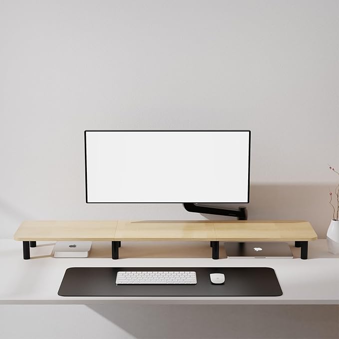 Large Extra Long Monitor Stand Riser 43.7in,Dual Monitor Riser, Wide TV Stand for 2 Monitors, Wood & Steel Leg Adjustable Height Desktop Riser, Home Office Organization. (Natural)