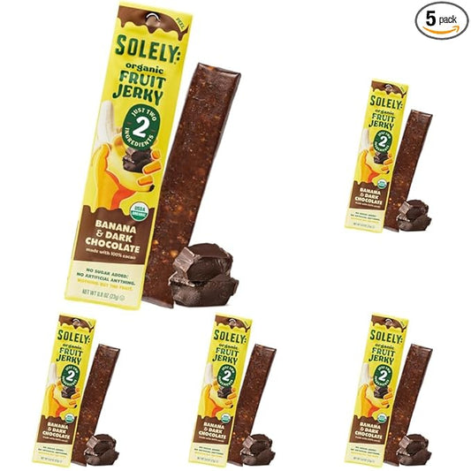 SOLELY - Organic Banana Chocolate Drizzled Fruit Jerky - 1 Individually Wrapped Fruit Strip - Fruit Leather Made from Dried Fruit - Healthy Snacks for Adults & Kids - Vegan, Non GMO - 0.8oz (23g)