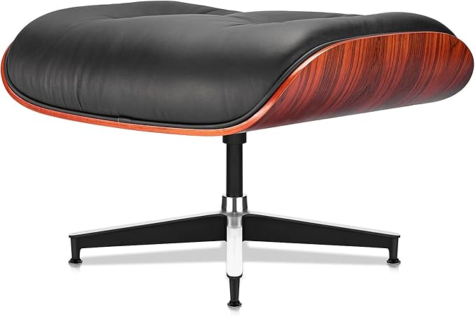 Top Black Grain Leather, Mid Century Chaise Lounge Chair and Ottoman, Modern Chair Classic Design, Red Rosewood, Heavy Duty Base Support for Living Room Office
