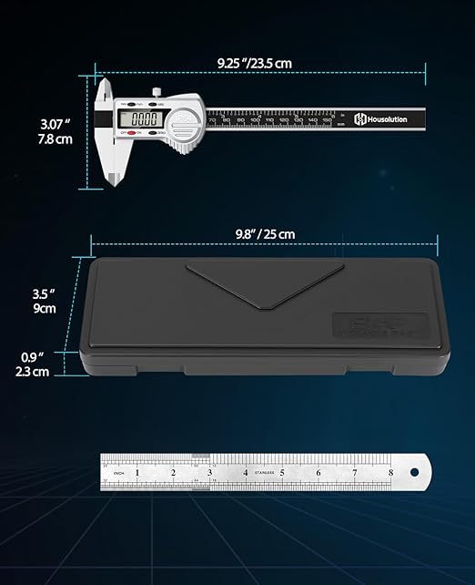 Housolution Digital Caliper 6 inch,(ABS) Absolute Scale Caliper,IP54 Caliper Measuring Tool, Inch/MM, Auto-Off LCD Stainless Steel Waterproof Micrometer Vernier Caliper, with Steel Ruler, Silver